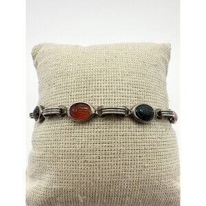 Vintage Sterling Silver Egyptian Revival Gemstone Scarab Bracelet 7.25”